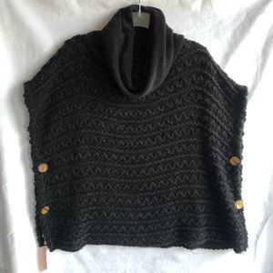 Love of Fashion LOF Black Sweater/Poncho, Cowl Neck Wooden Buttons, Loose Weave